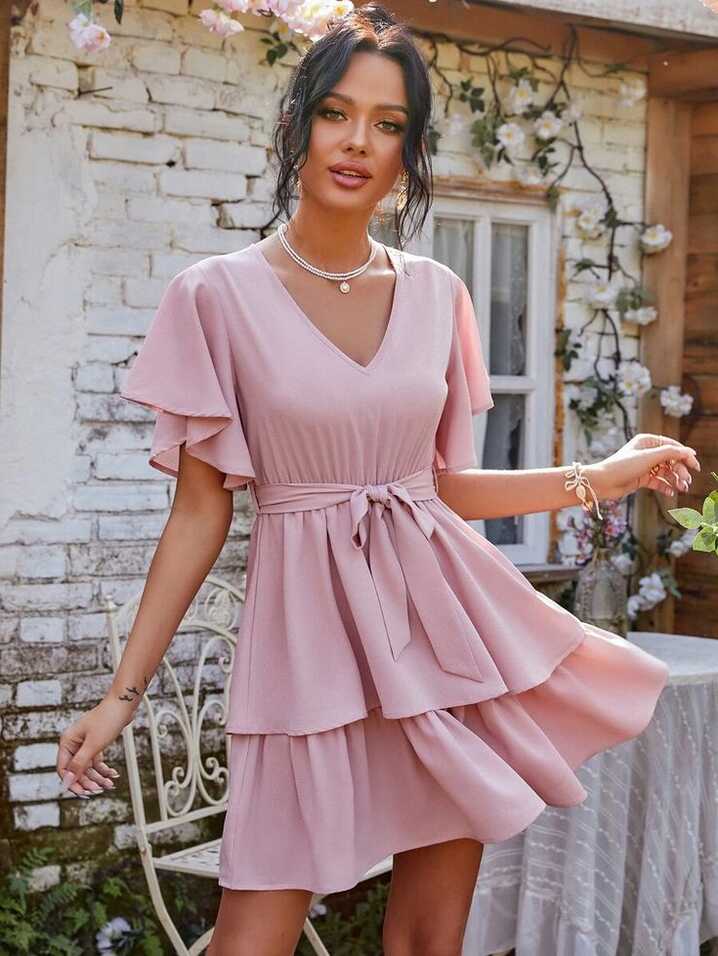 V Neck Layered Hem Belted Dress