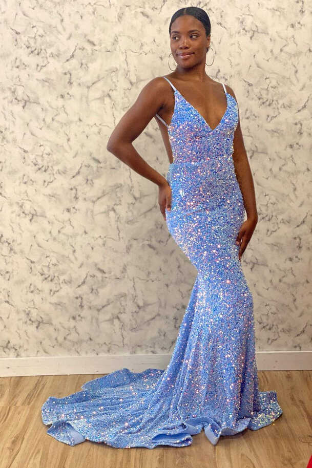 V-Neck Light Blue Sequins Mermaid Long Prom Dress – FancyVestido