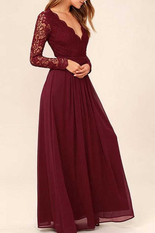 V Neck Long Sleeve Dark Burgundy Lace Chiffon Formal Dress JTA4091