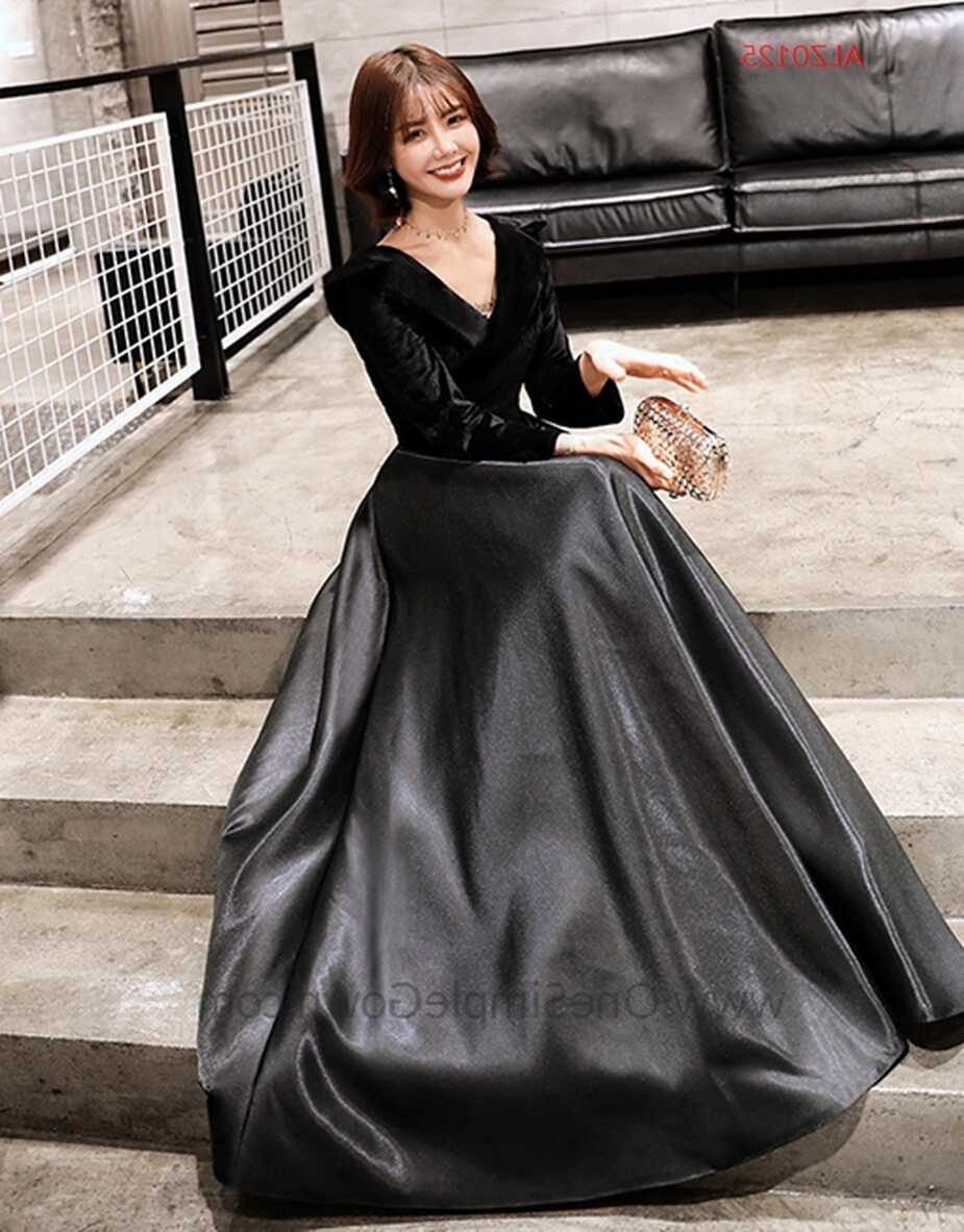 V Neck Long Sleeve Plain Color Evening Dress - OneSimpleGown.com