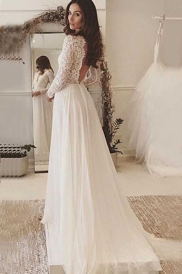 V-Neck Long Sleeves Backless Ivory Chiffon Wedding Dress with Lace ...