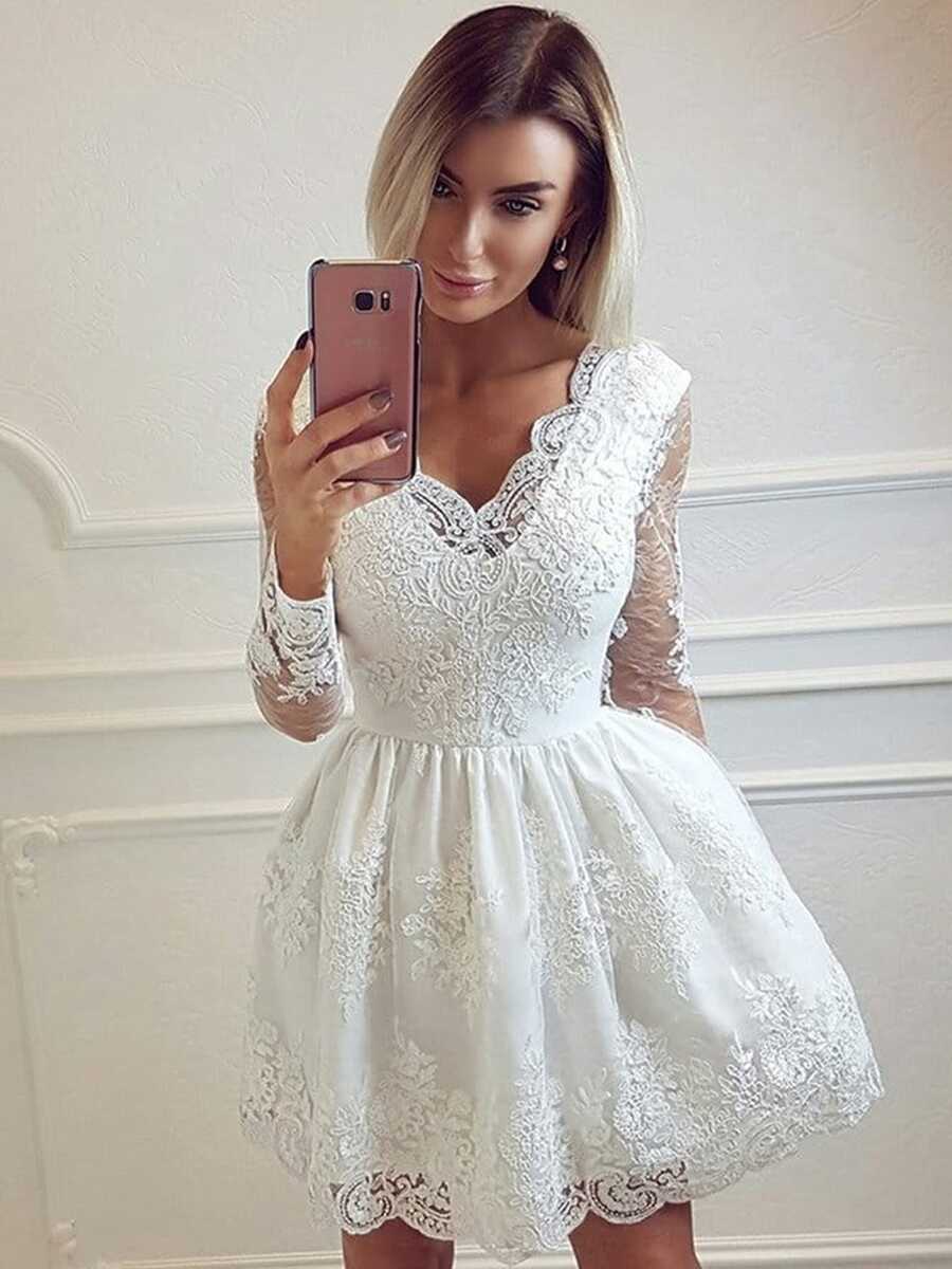 V Neck Long Sleeves Lace White Short Prom Dresses , Long Sleeves ...