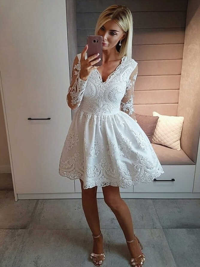 V Neck Long Sleeves Lace White Short Prom Dresses Homecoming ...