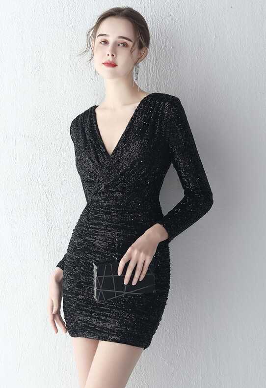 V-Neck Long Sleeves Sequins Cocktail Dress in Black - Retro, Indie ...