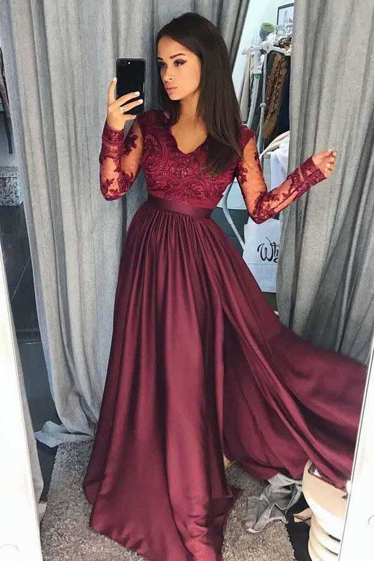 V-Neck Long Sleeves Split Burgundy Satin Prom Dress with Appliques ...