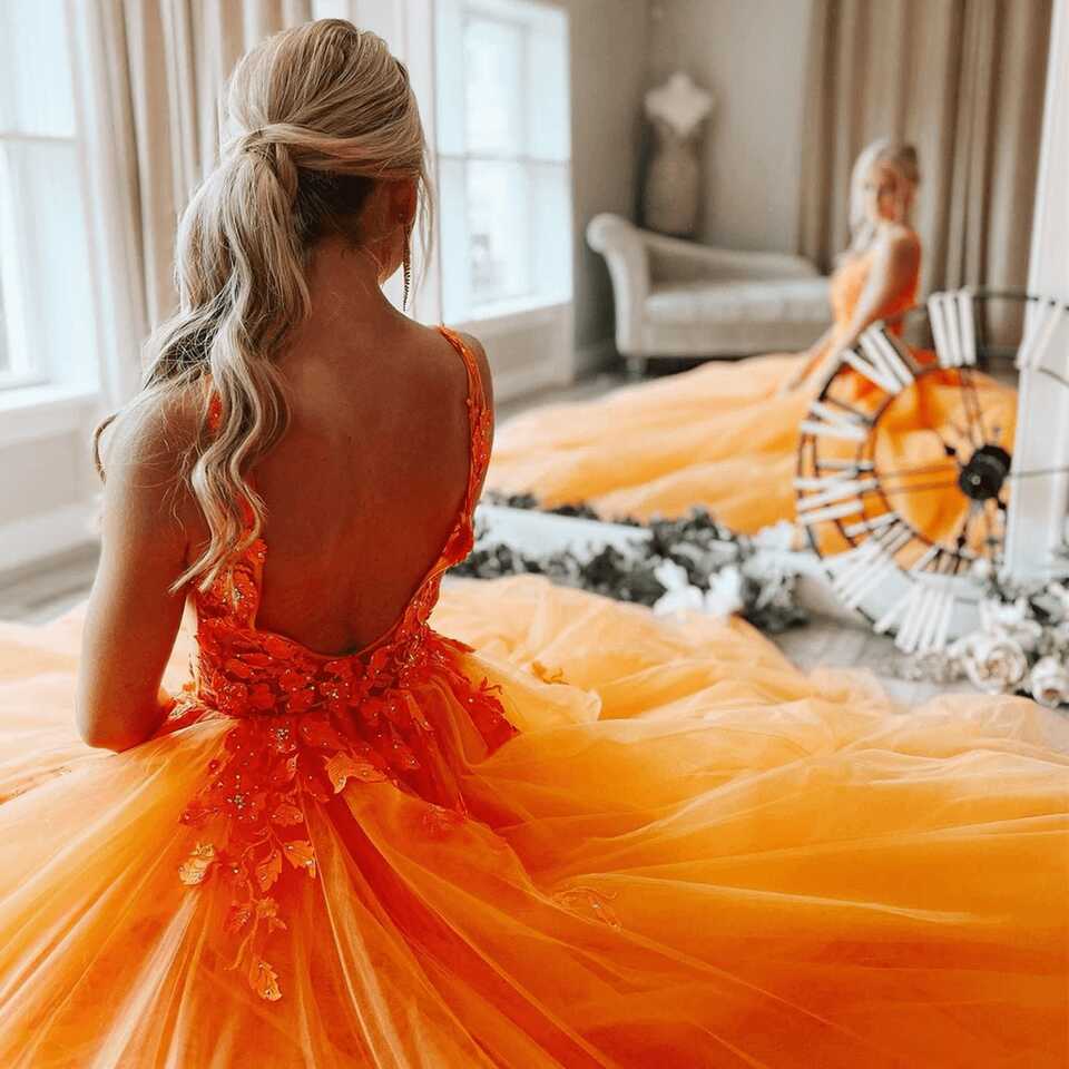 V Neck Open Back Orange Tulle Lace Long Prom Dress Evening Dress ...