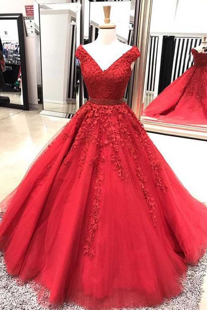 V Neck Prom Dress, Red Prom Dress, Lace Applique Prom Dress ...