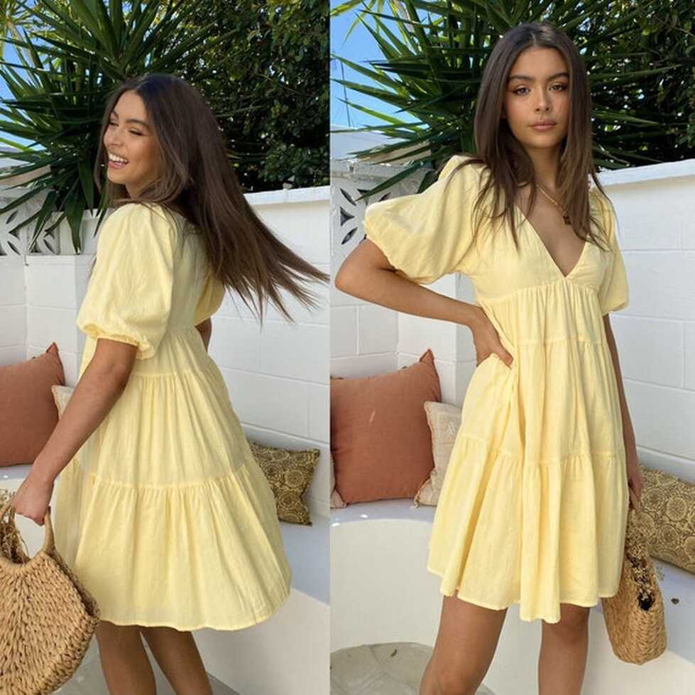 V Neck Puff Sleeve Mini Casual Dress Yellow Dress Cute Short Dress ...