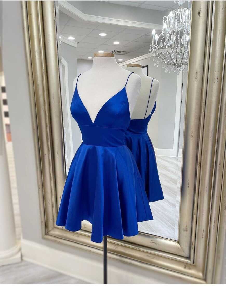 V Neck Royal Blue Short Homecoming Dress With Spaghetti Straps