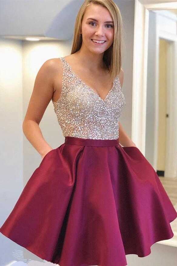 V-Neck Short Beaded Homecoming Dress Cute Cocktail Party Dress ...