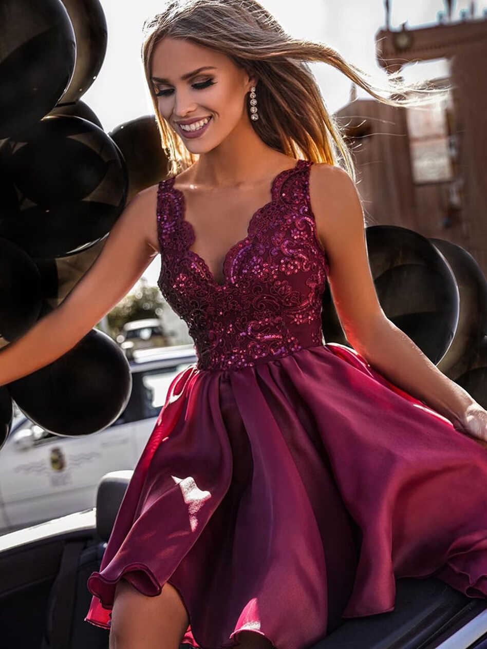 V Neck Short Burgundy Lace Prom Dresses, Short Maroon Lace Formal ...