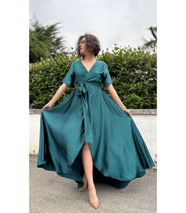 V Neck Short Sleeve Back Long Maxi Satin Dress Emerald