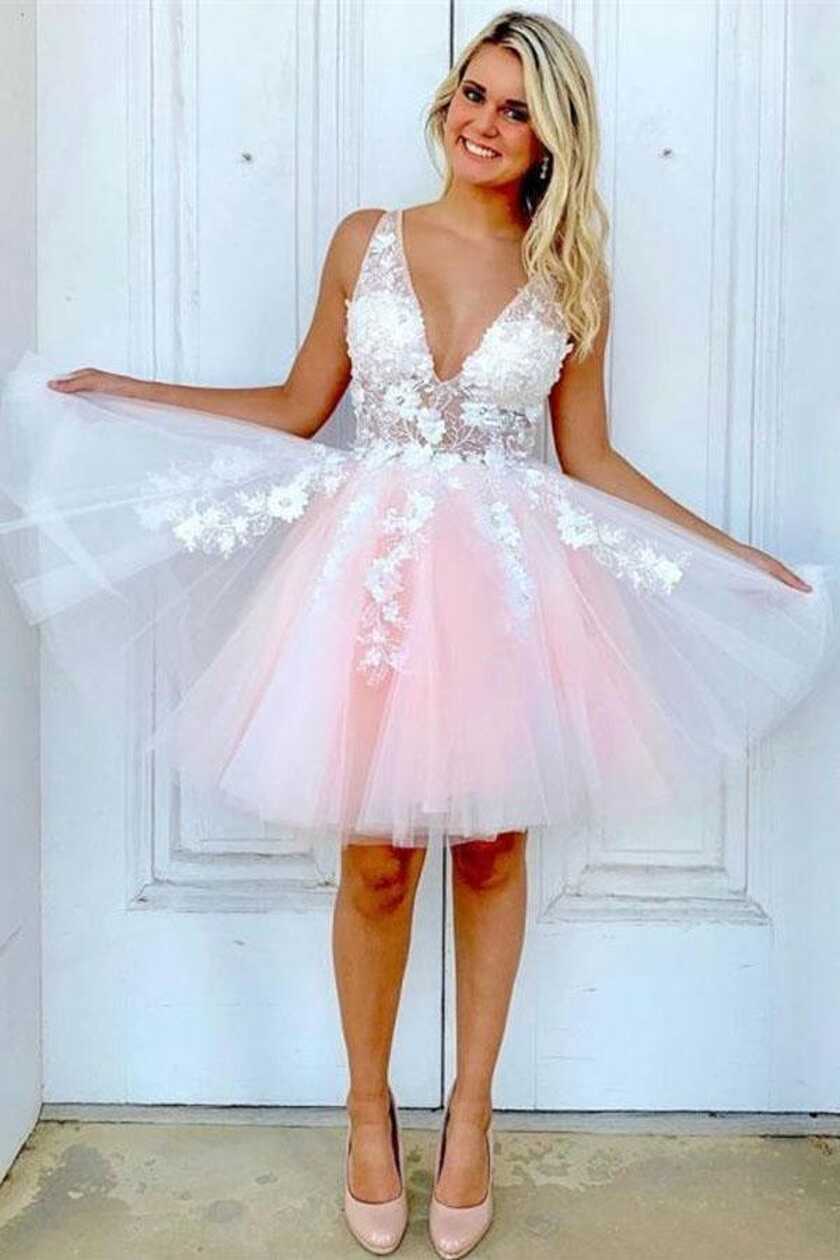 V Neck Tulle Short Pink and White Homecoming Dress Short Prom ...