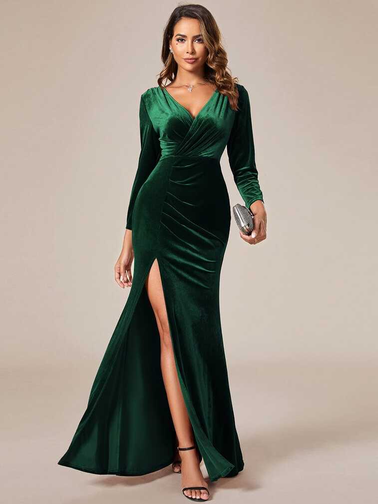 V-Neck Velvet Long Sleeves Bodycon Mermaid High Slit Evening Dress ...