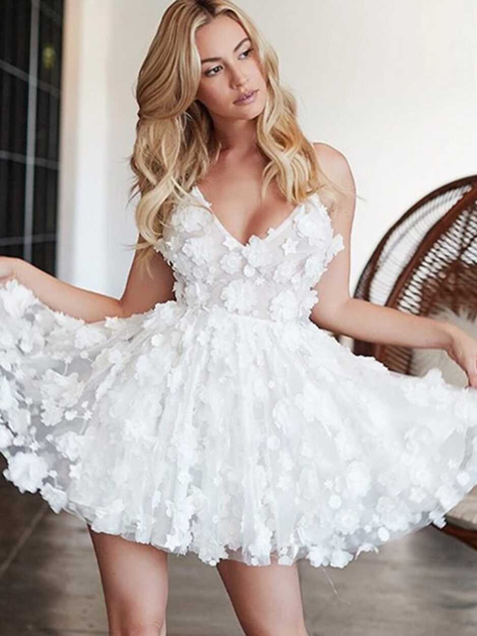 V Neck White Floral Short Prom Dress, V Neck White Floral Short ...