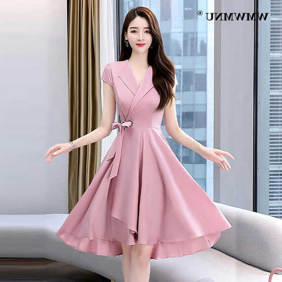 V-neck A-line Midi Dress Women Summer Korean Fashion Short Sleeve ...