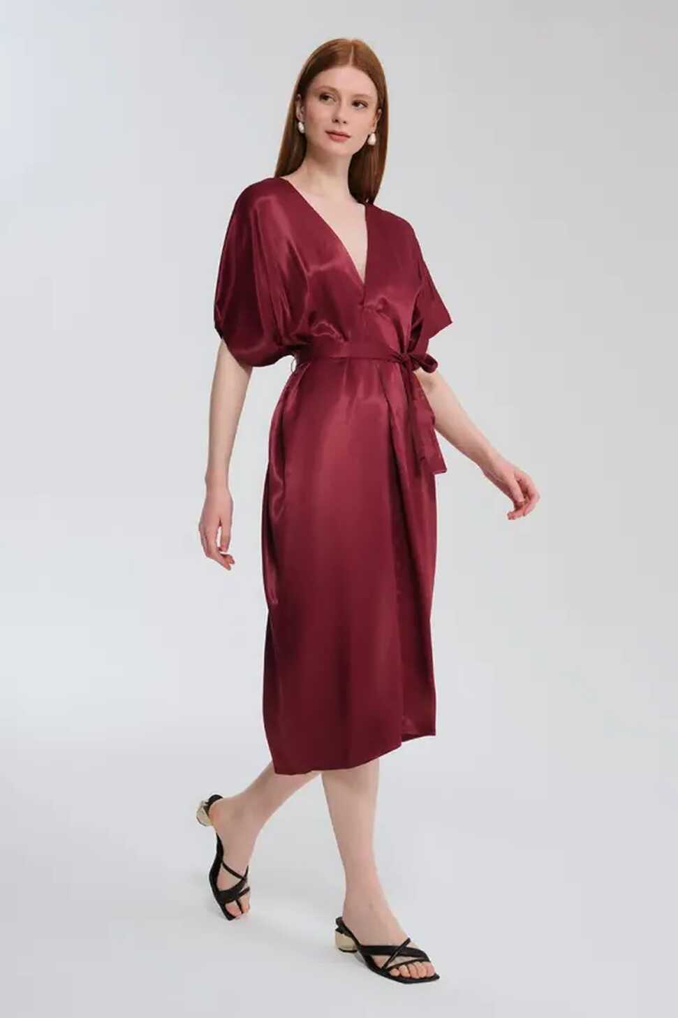 V-neck Belted Satin Dress - Cherry | Dress