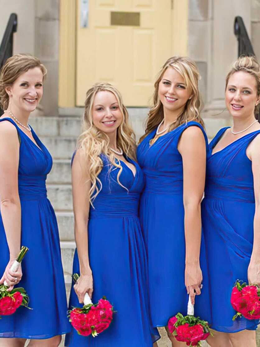 V-neck Chiffon Knee-length Ruffles Noble Royal Blue Bridesmaid ...