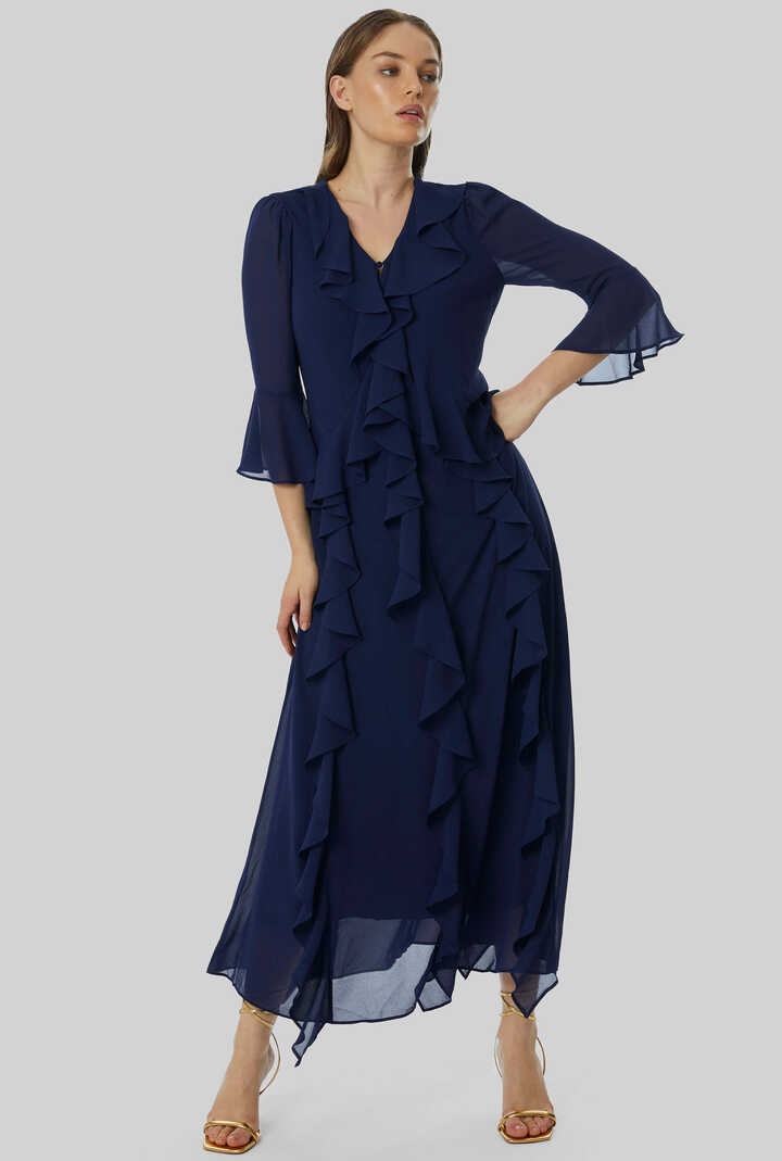 V-neck Chiffon Ruffle Dress In Navy | James Lakeland