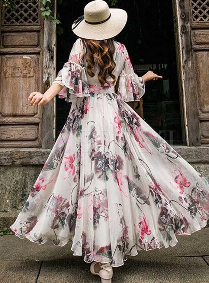 V-neck Flare Sleeve Print Maxi Dress