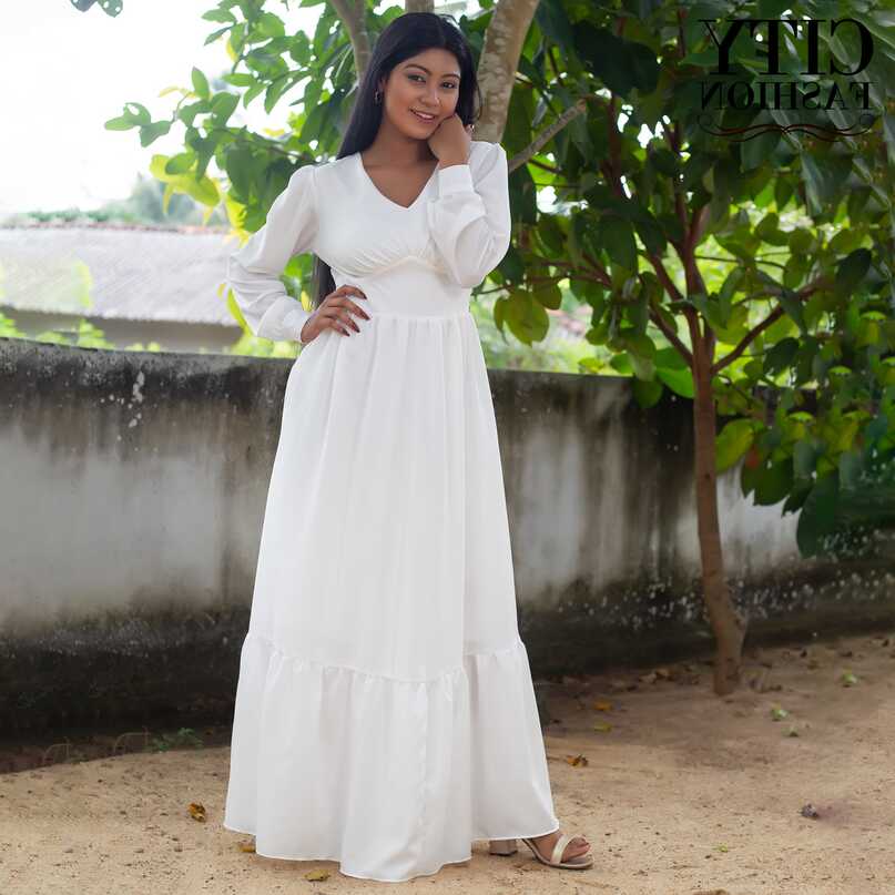 V-neck Hem Raffle White Long Dress - City Fashion