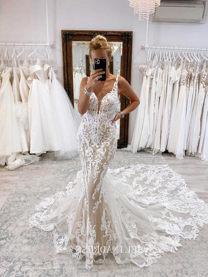 V neck Long Sleeve Lace Wedding Dresses Rustic Chiffon Wedding ...