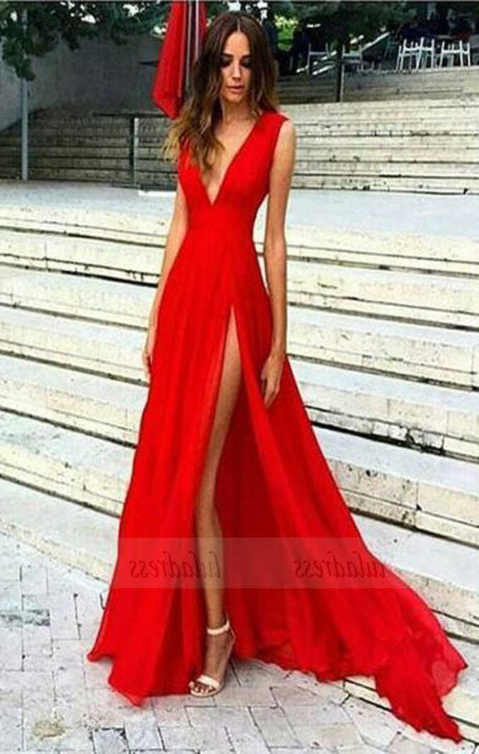 V-neckline Red Evening Gowns,Slit Sexy Party Dresses.Chiffon Prom ...