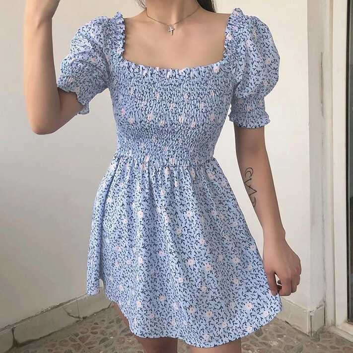 VINTAGE FLORAL LANTERN SLEEVE MINI BLUE DRESS