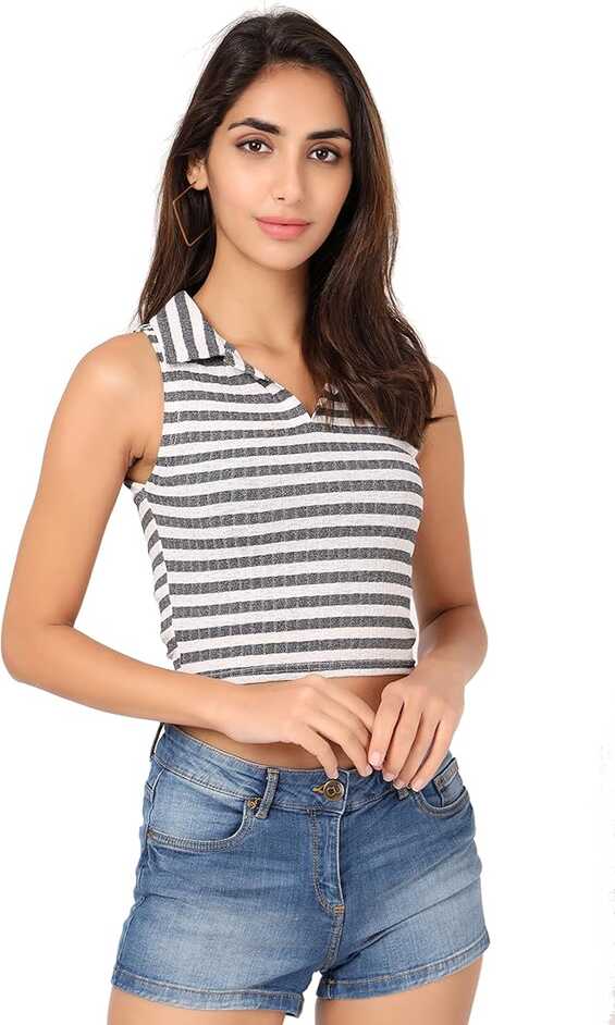 VISO Striped Collared Neck Sleeveless Crop Top for Women and Girls ...