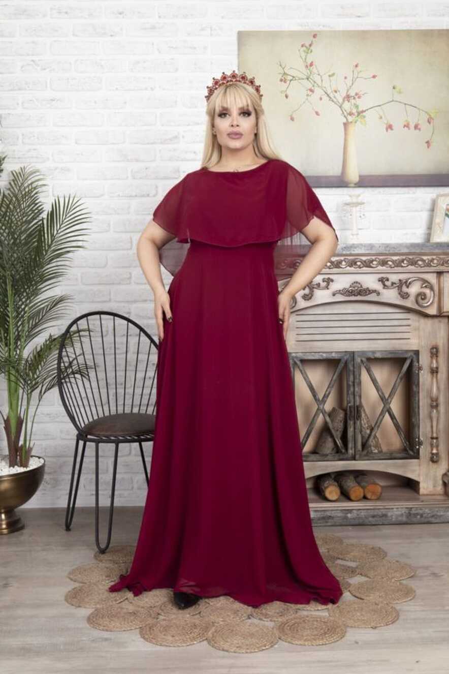 VOLİNAY TEKSTİL Women&#39;s Burgundy Plus Size Long Chiffon Evening ...