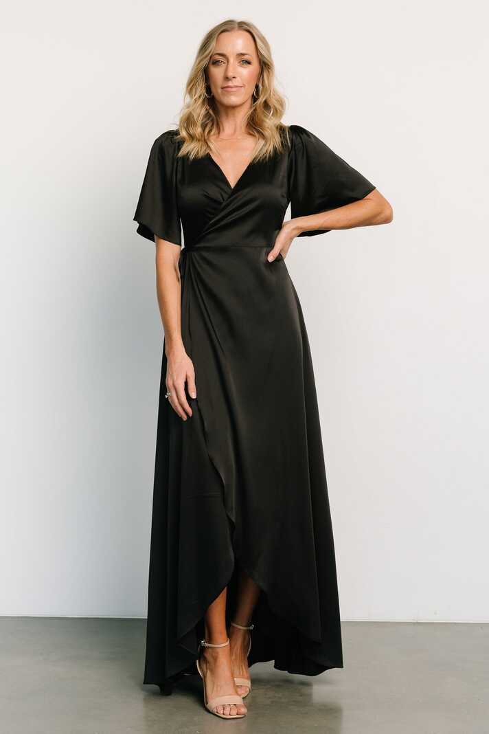 Vara Satin Maxi Wrap Dress | Black | Baltic Born