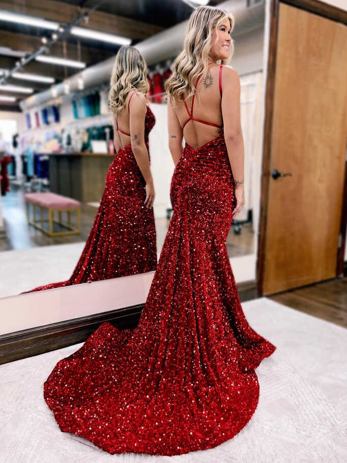 Velvet Sequin Long Mermaid Prom Dresses 2023 With Strappy Back ...