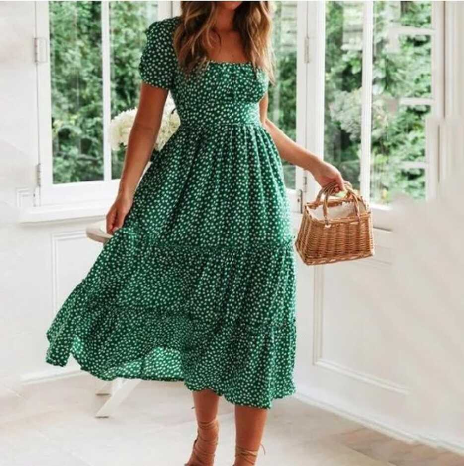 Vestidos Vintage Baskı puff Kollu Yaz Plajı Tatlı Elbiseler Günlük ...