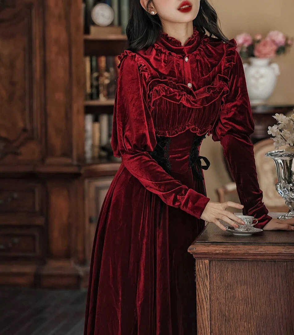 Victorian Vintage Red Velvet Dress CHRISTMAS Dress Holiday Red Dress