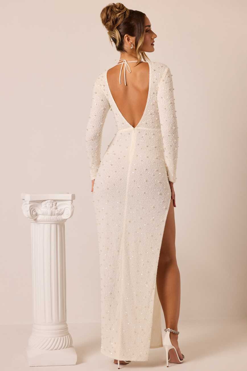 Vienna Embellished Long Sleeve Backless Maxi Dress in White | Oh Polly