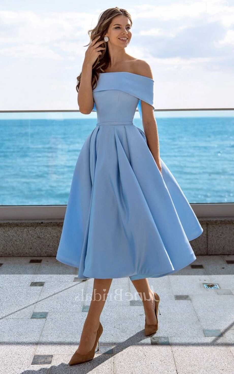 Vintage A Line Off-the-shoulder Satin Tea Length Cocktail Dress ...