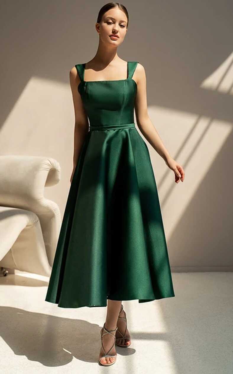 Vintage A-Line Tea-length Square Neck Satin Cocktail Dress with ...