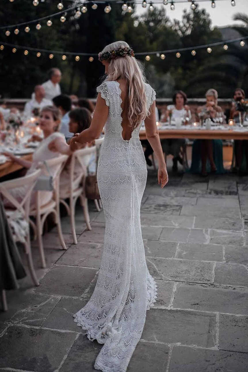 Vintage Backless Lace Boho Mermaid Wedding Dresses Cap Sleeve ...