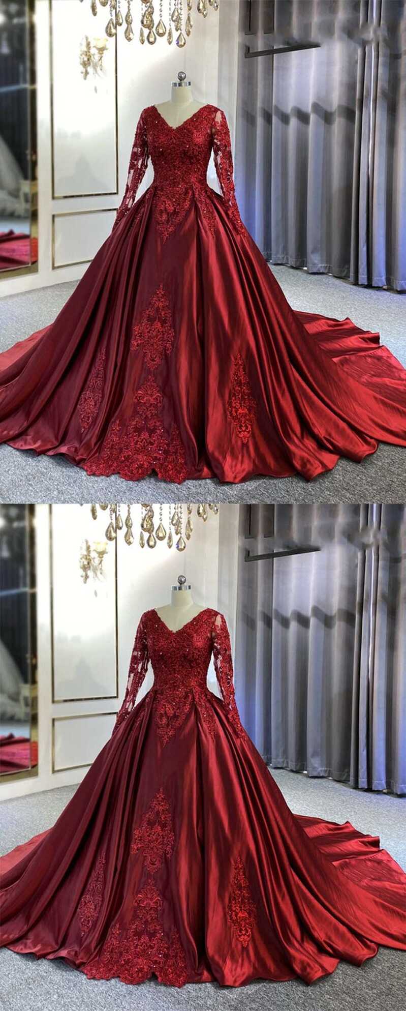 Vintage Ball Gown Long Sleeves Satin Wine Red Wedding Dress with ...