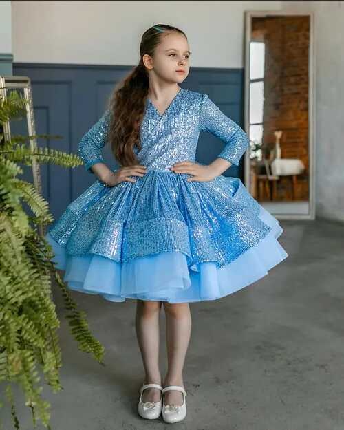 Vintage Blue Sequined Lace Ball Gown Flower Girl Dress Knee Length ...