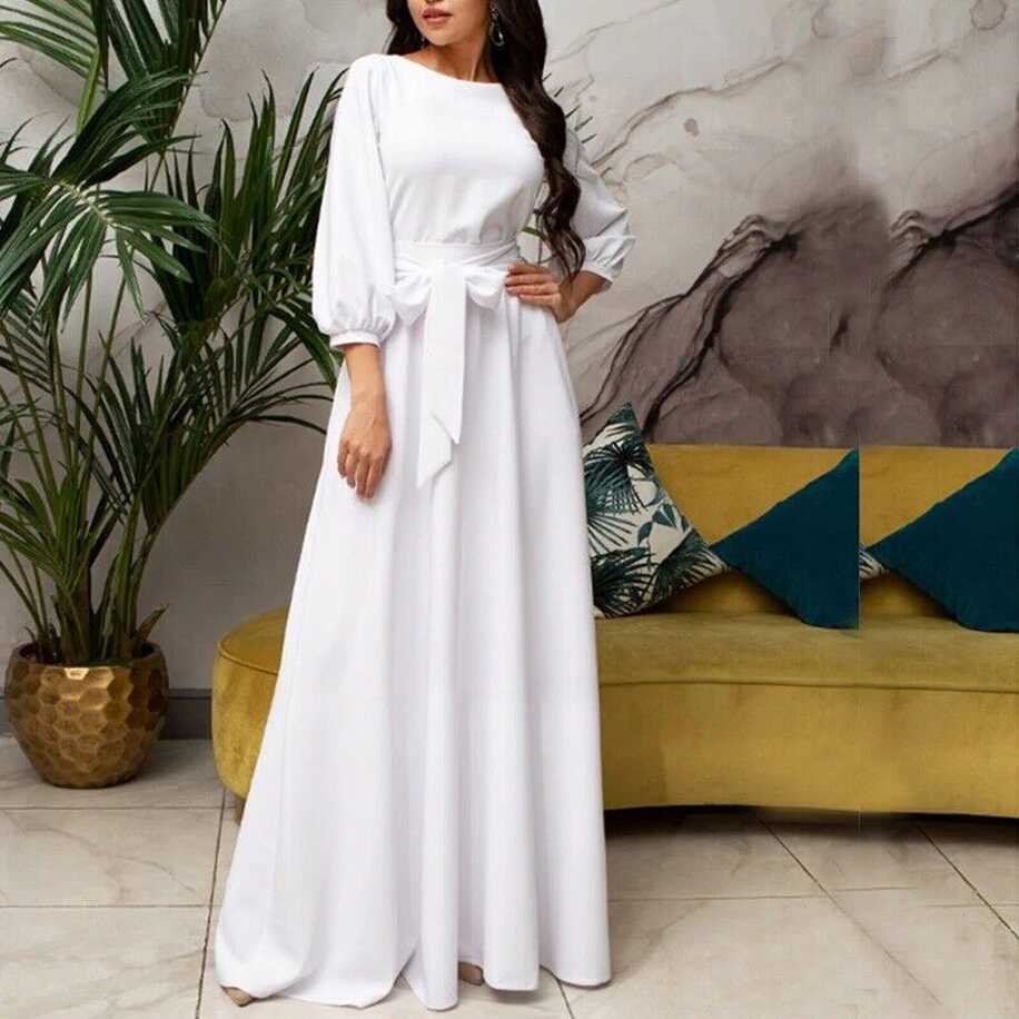 Vintage Bow Tie Maxi Long White Dress Women Lantern Sleeve Elegant ...