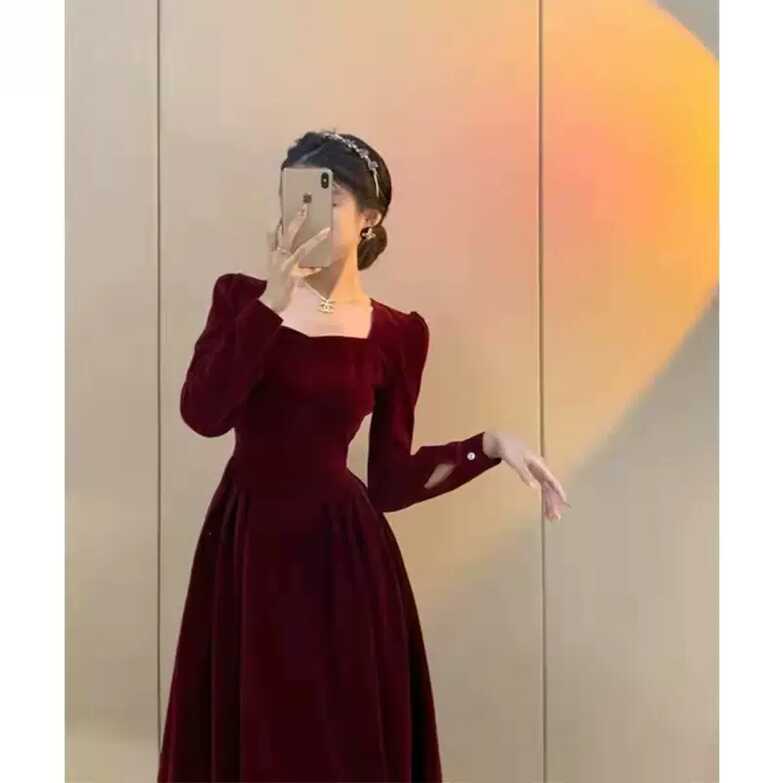 Vintage Burgundy Velvet Prom Dress With Long Sleeves,New Years ...