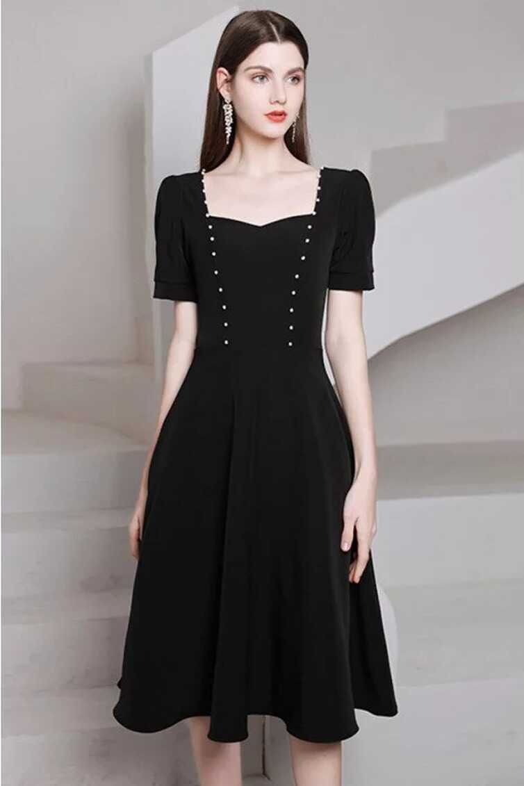 Vintage Chic Knee Length Black Semi Formal Dress with Short ...