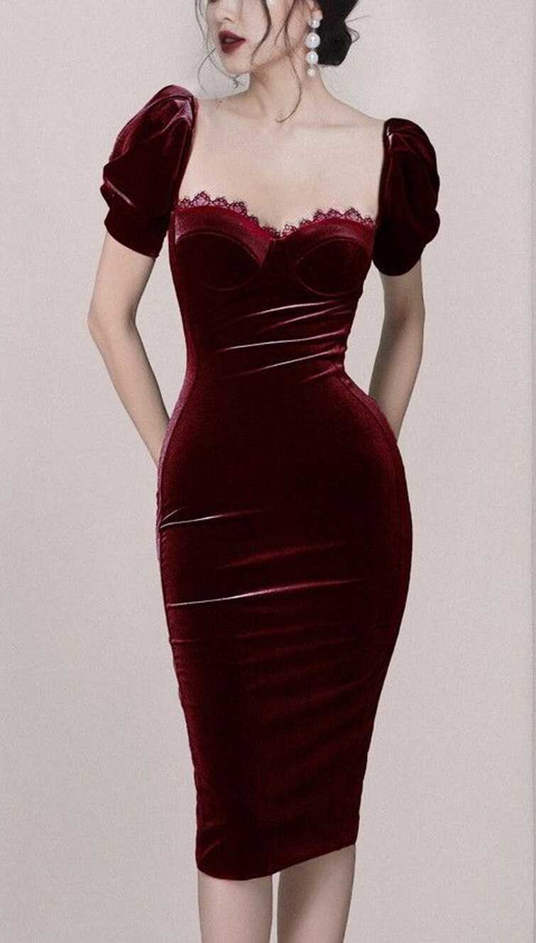 Vintage Classic Bodycon Burgundy Puff Sleeve Midi Dress Formal ...