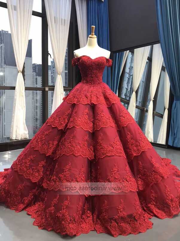 Vintage Dark Red Lace Prom Dresses Off Shoulder Princess Dress ...