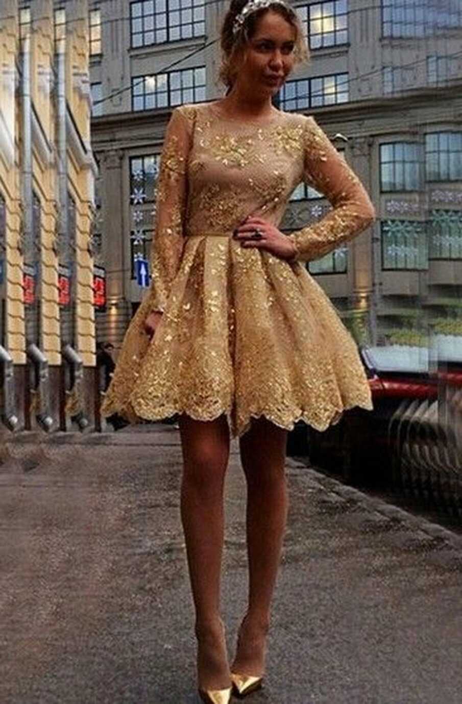 Vintage Gold Sequins Lace A-Line Short Dresses | Long sleeve ...