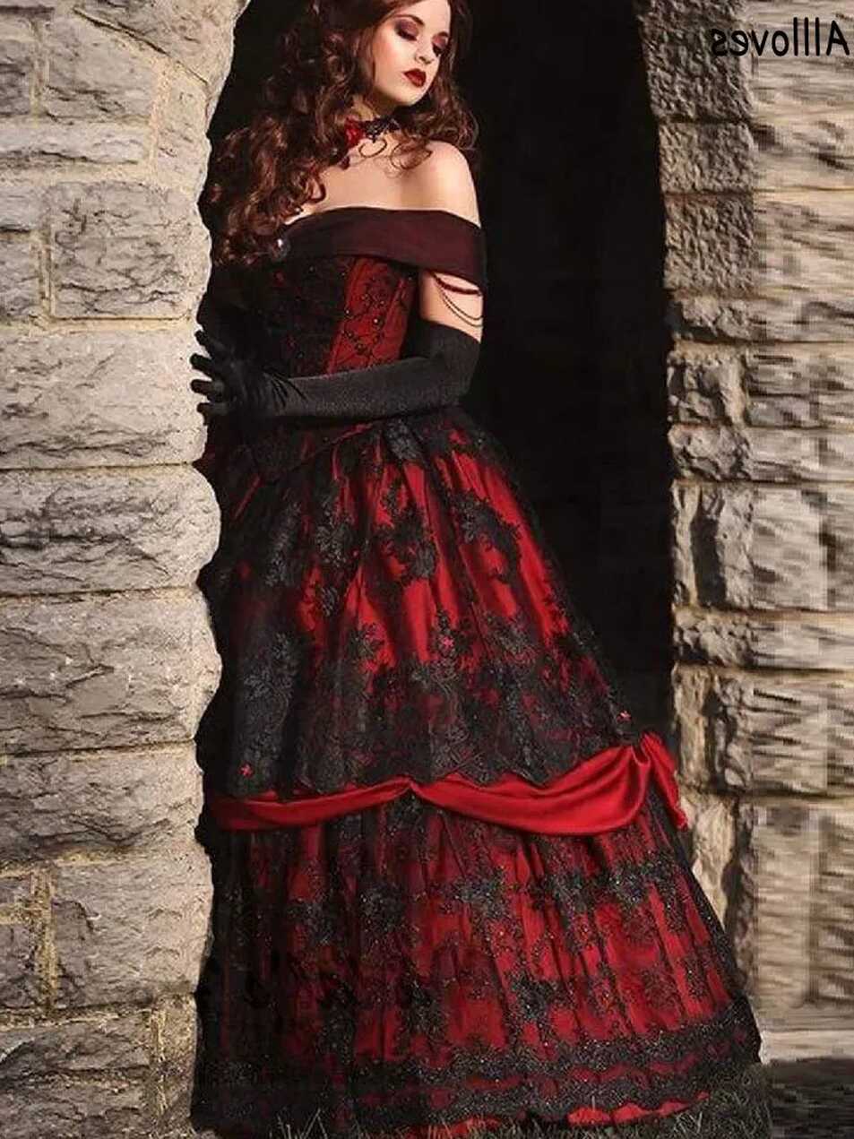 Vintage Gothic Red And Black Off Shoulder Lace Applique Vampire ...