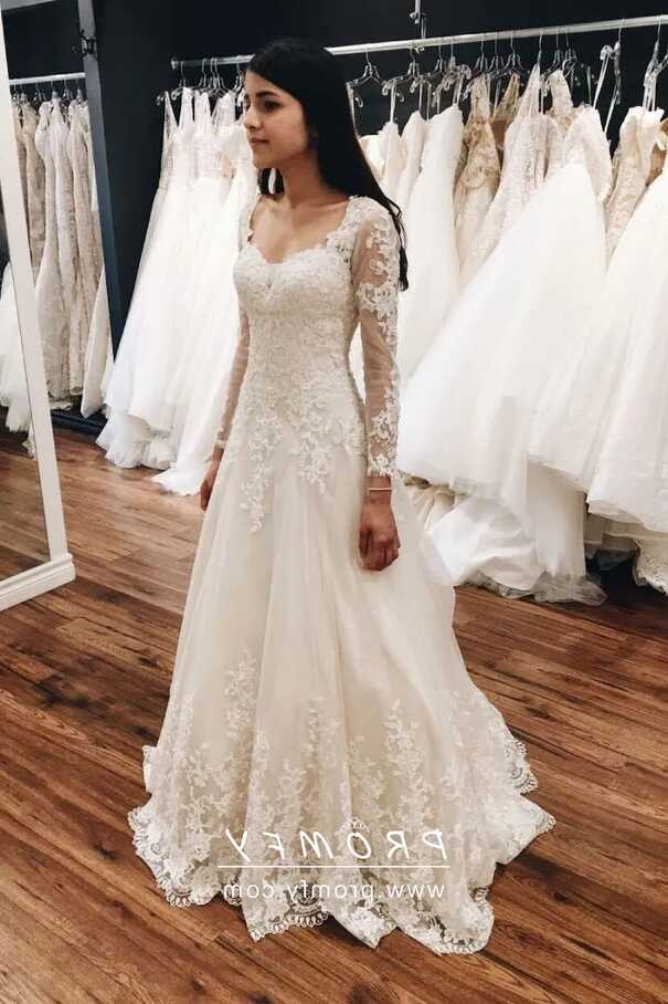 Vintage Ivory Lace Long Sleeve Church Wedding Dress - Promfy