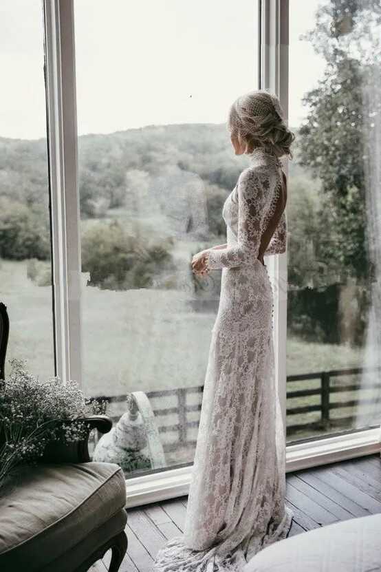 Vintage Lace Boho Lace Wedding Dress With Long Sleeves, High Neck ...