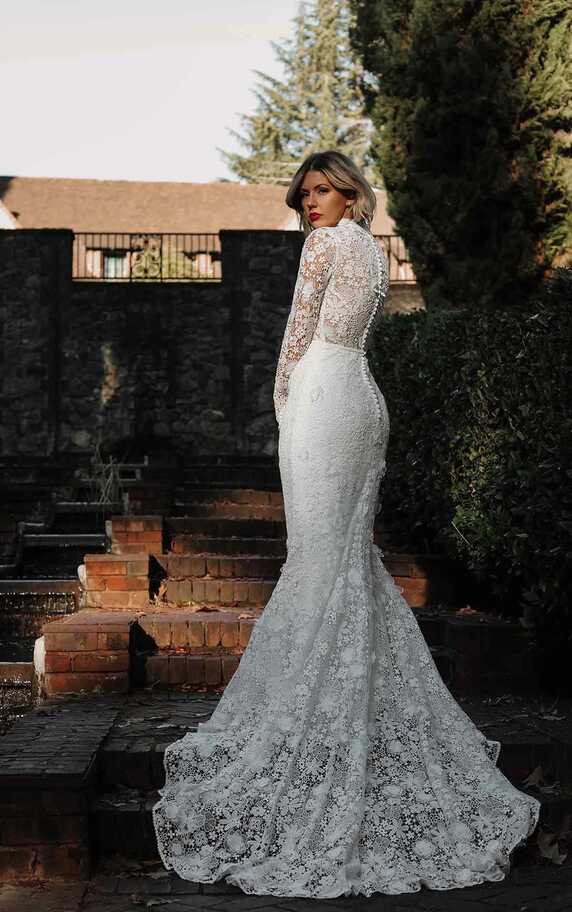 Vintage Lace Long Sleeve Boho Column Wedding Dress with High Neckline